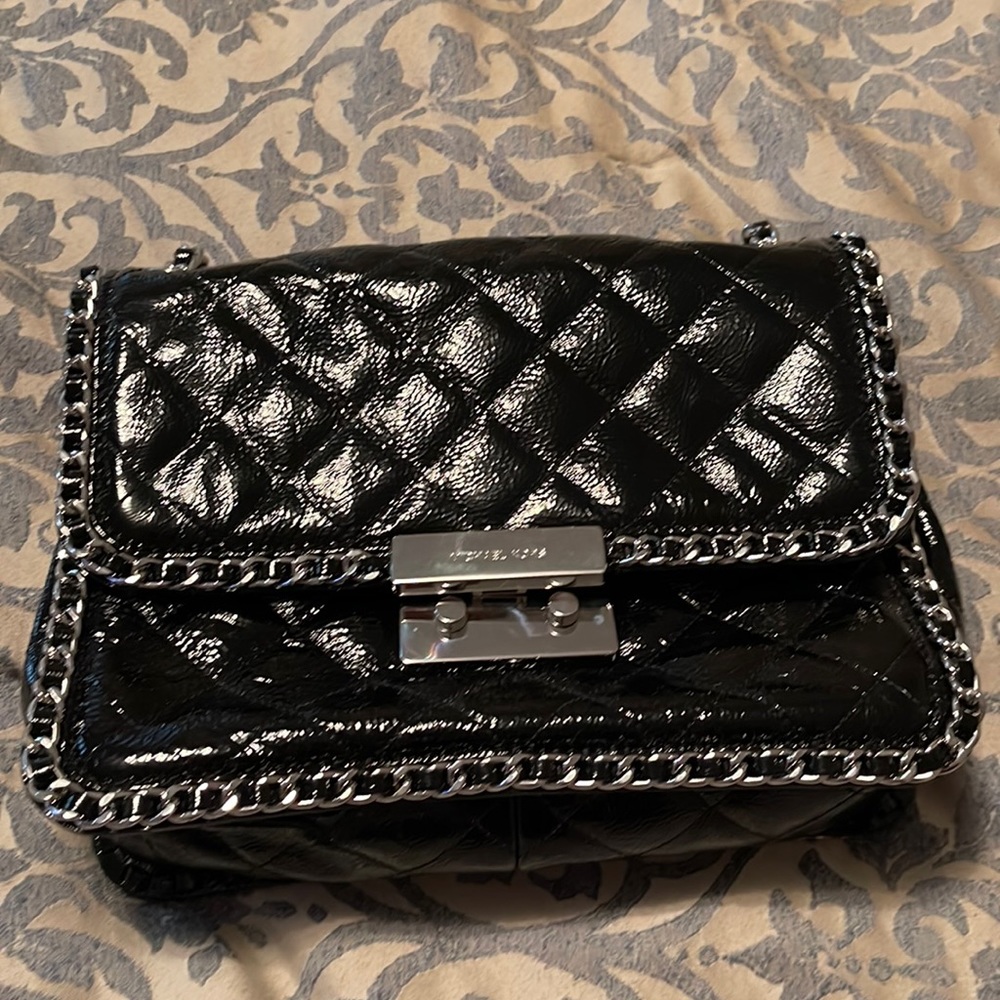 Michael Kors Black Patent Handbag with Silver chain detail